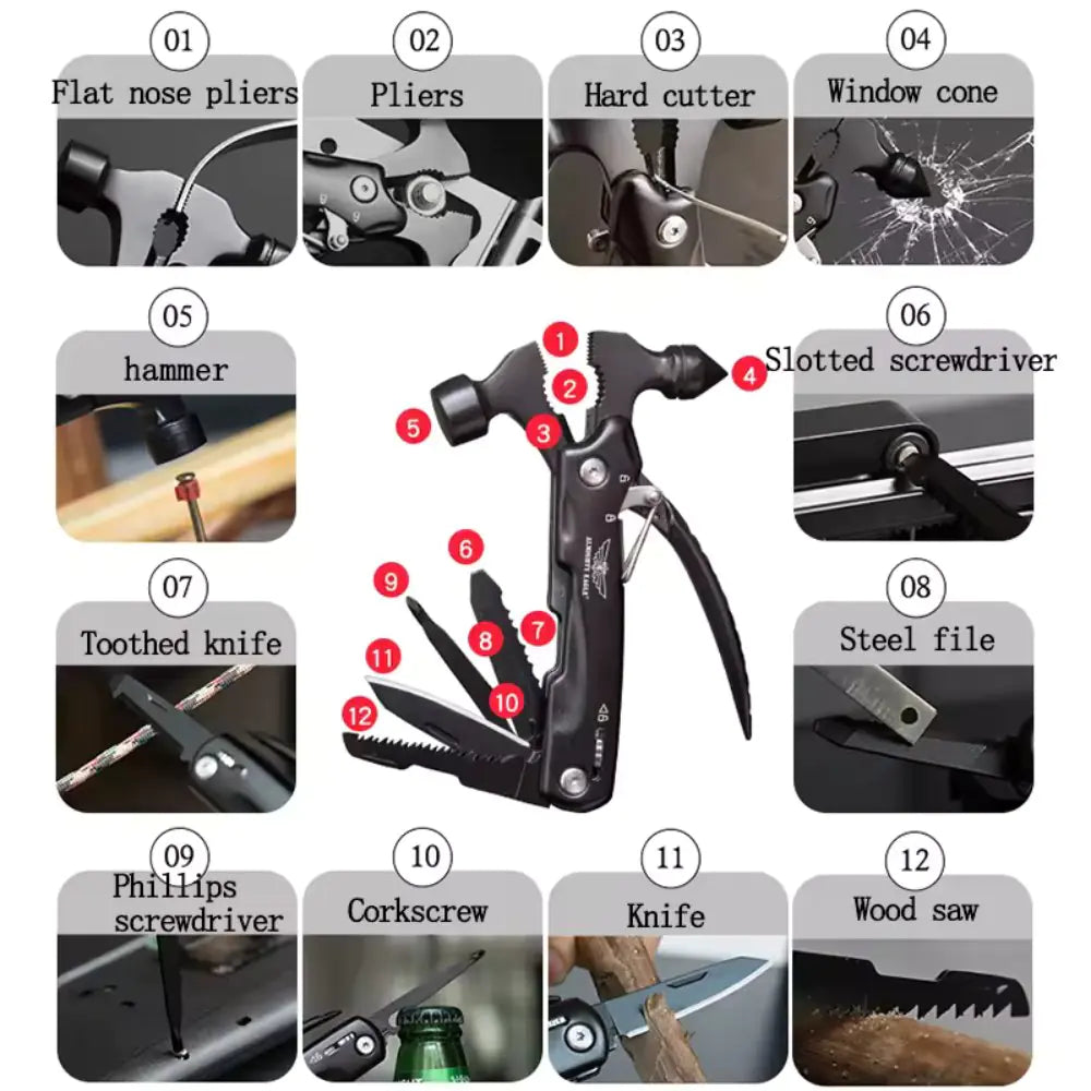 Multi-Tool Hammer Hatchet Knife Saw Mini Claw Car Safety Tool