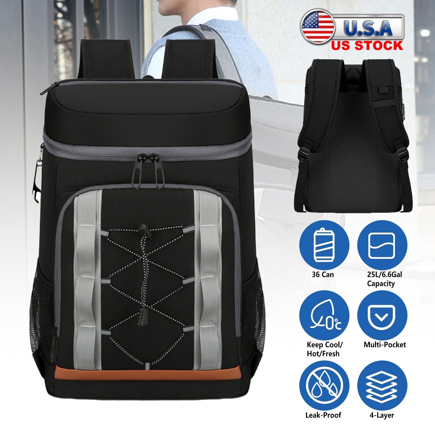 Leakproof Insulated Cooler Backpack 36 Can 25L Picnic Camping Bag