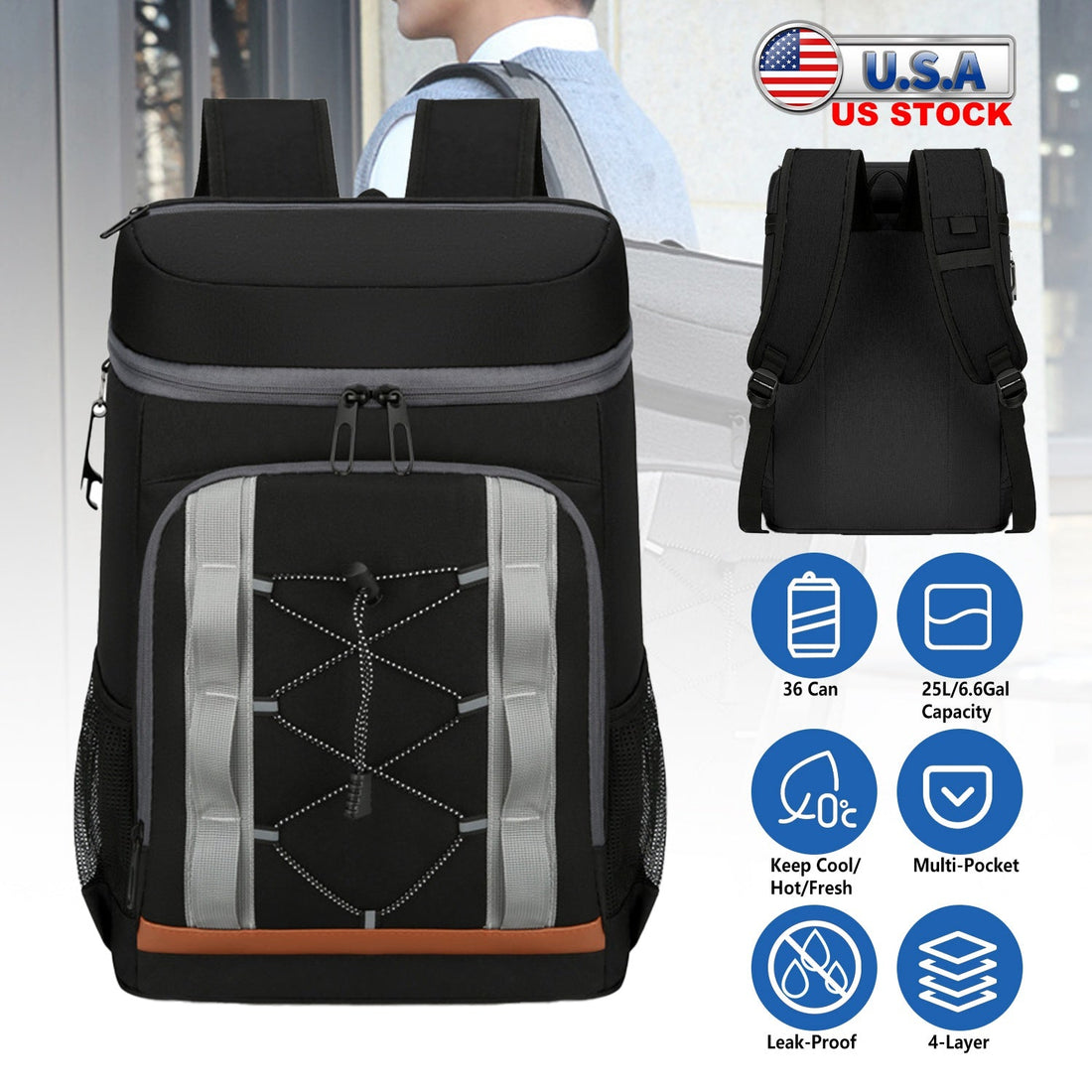 Leakproof Insulated Cooler Backpack 36 Can 25L Picnic Camping Bag
