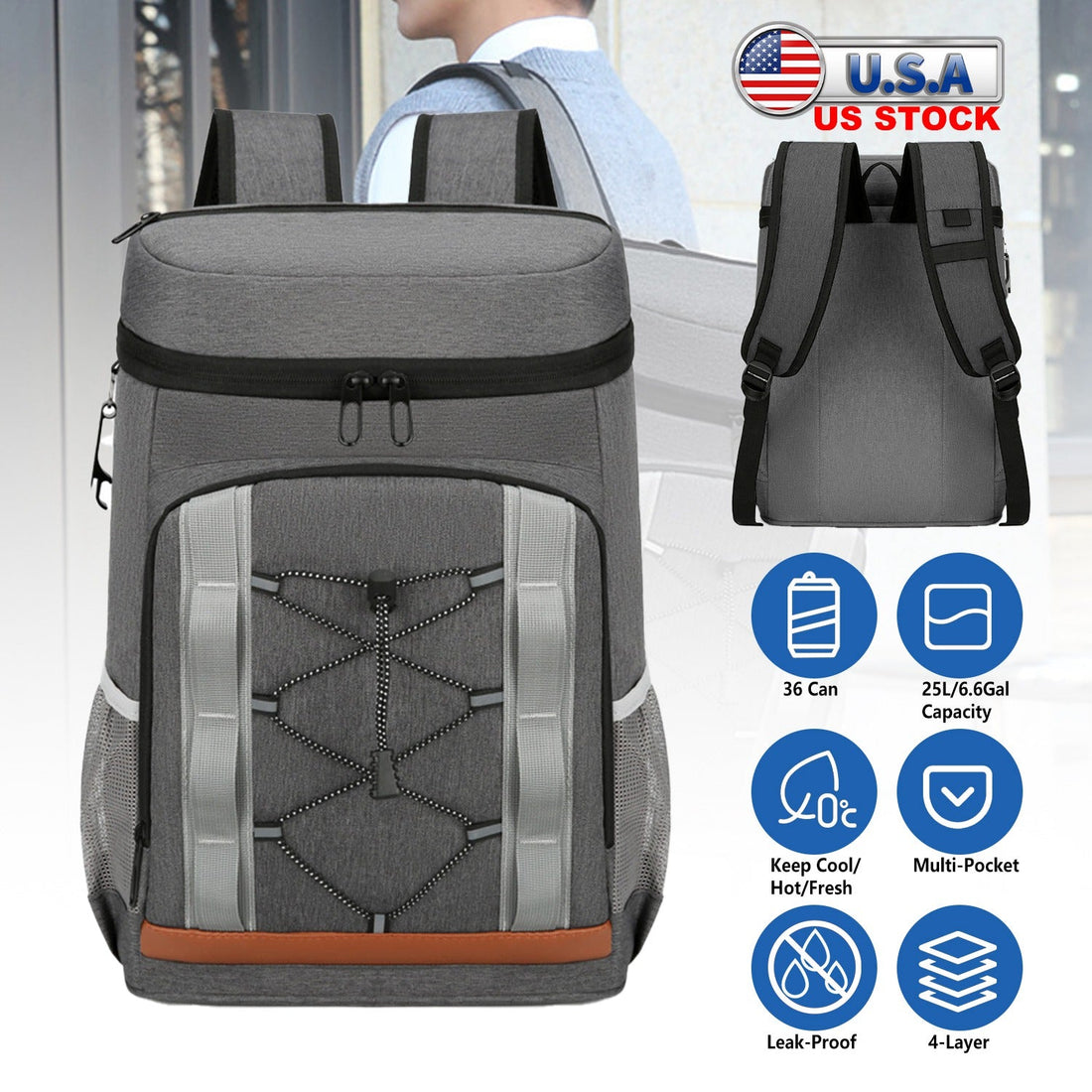 Leakproof Insulated Cooler Backpack 36 Can 25L Picnic Camping Bag