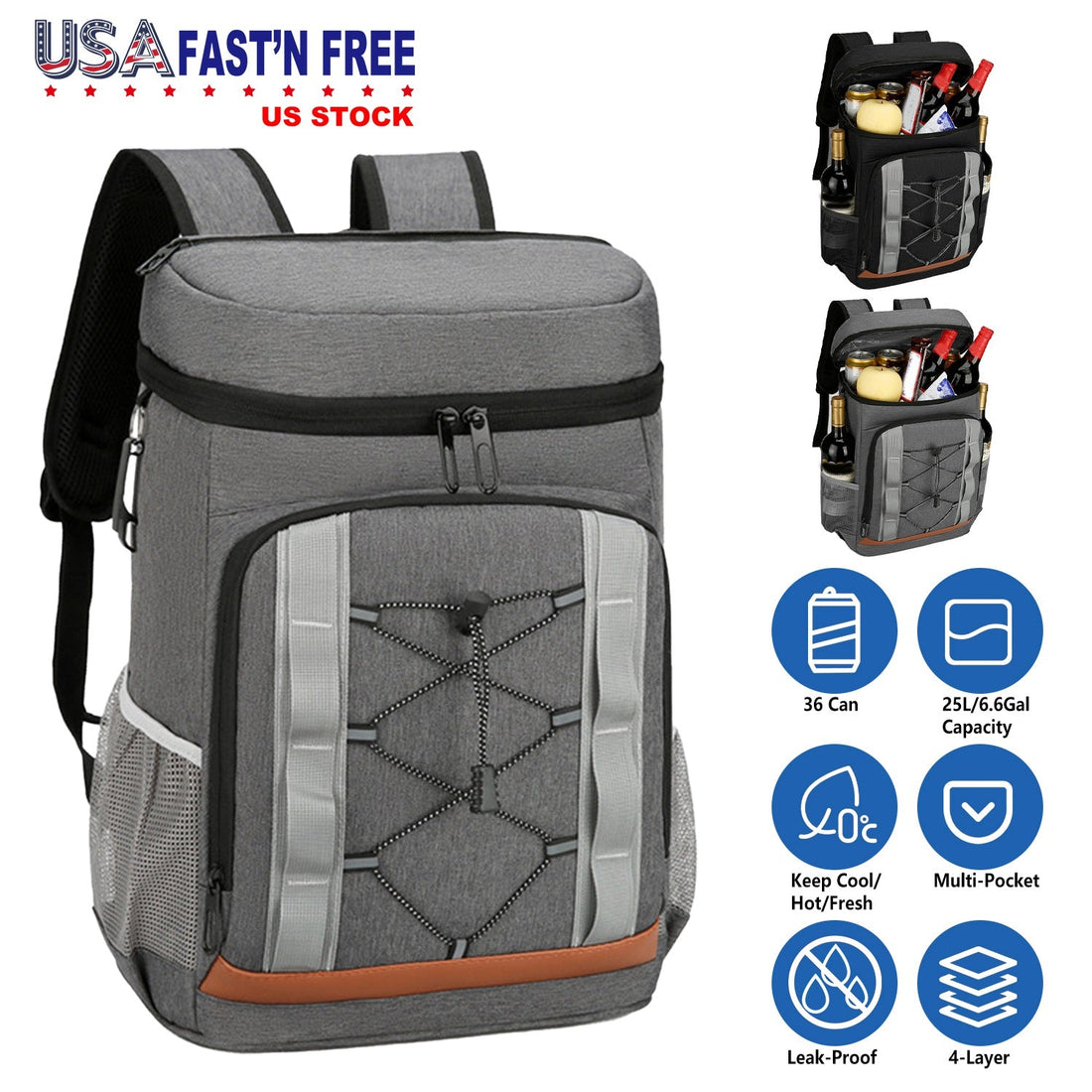 Leakproof Insulated Cooler Backpack 36 Can 25L Picnic Camping Bag