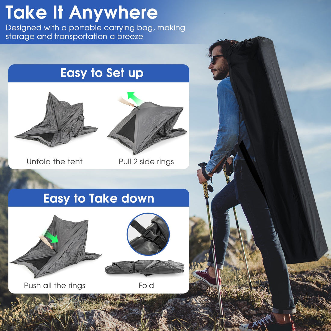 Pop Up 2-3 Person Camping Tent Rainfly Carry Bag Gray