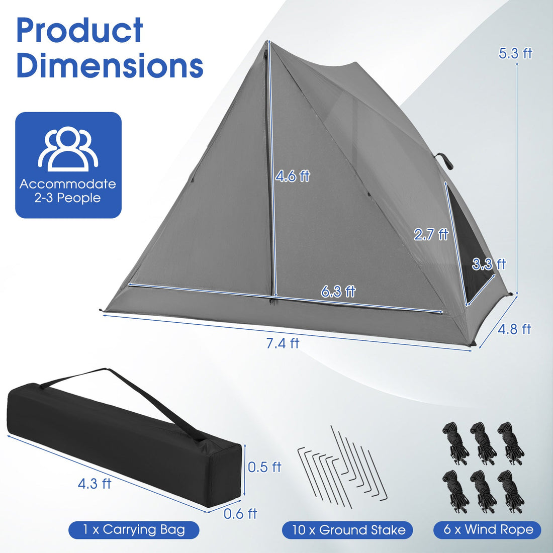 Pop Up 2-3 Person Camping Tent Rainfly Carry Bag Gray