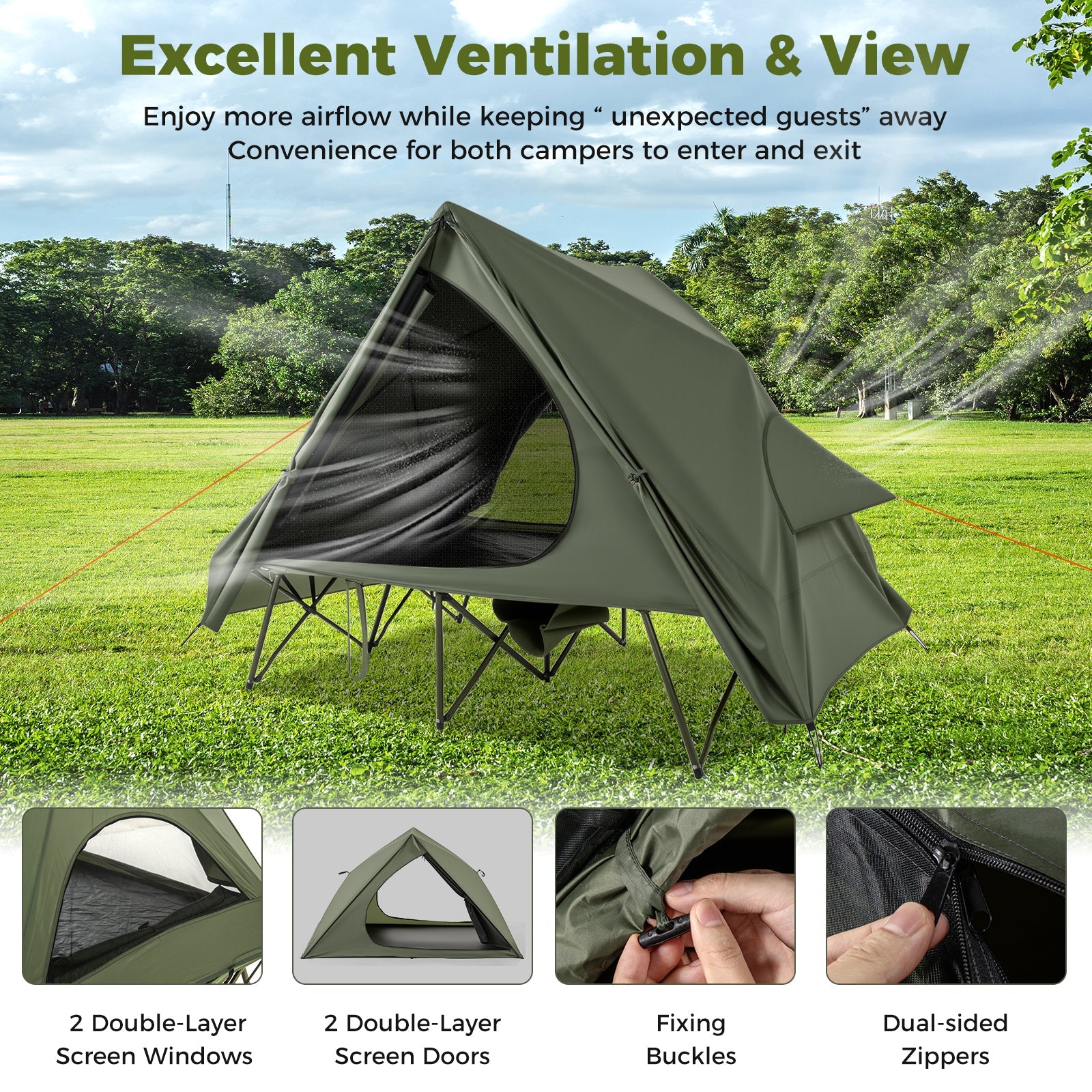 Foldable 2 Person Camping Cot Tent Pop Up Shelter Wheeled