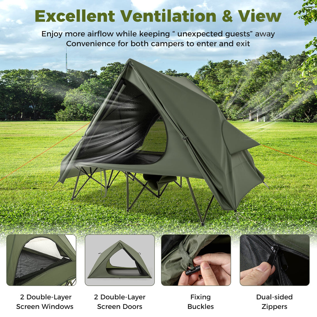 Foldable 2 Person Camping Cot Tent Pop Up Shelter Wheeled