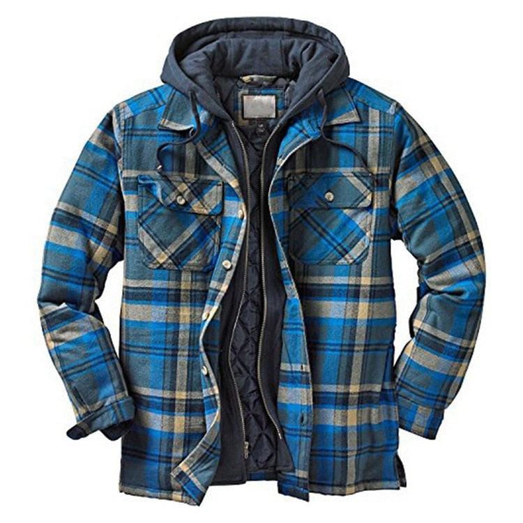 Men Autumn Winter Plaid Hooded Casual Shirt Jacket Long Sleeve