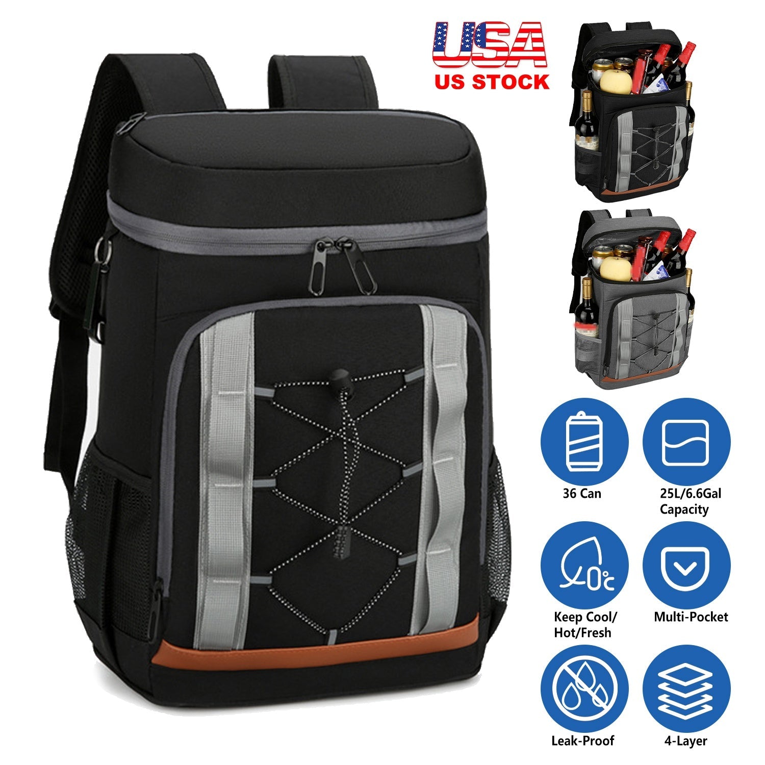 Leakproof Insulated Cooler Backpack 36 Can 25L Picnic Camping Bag