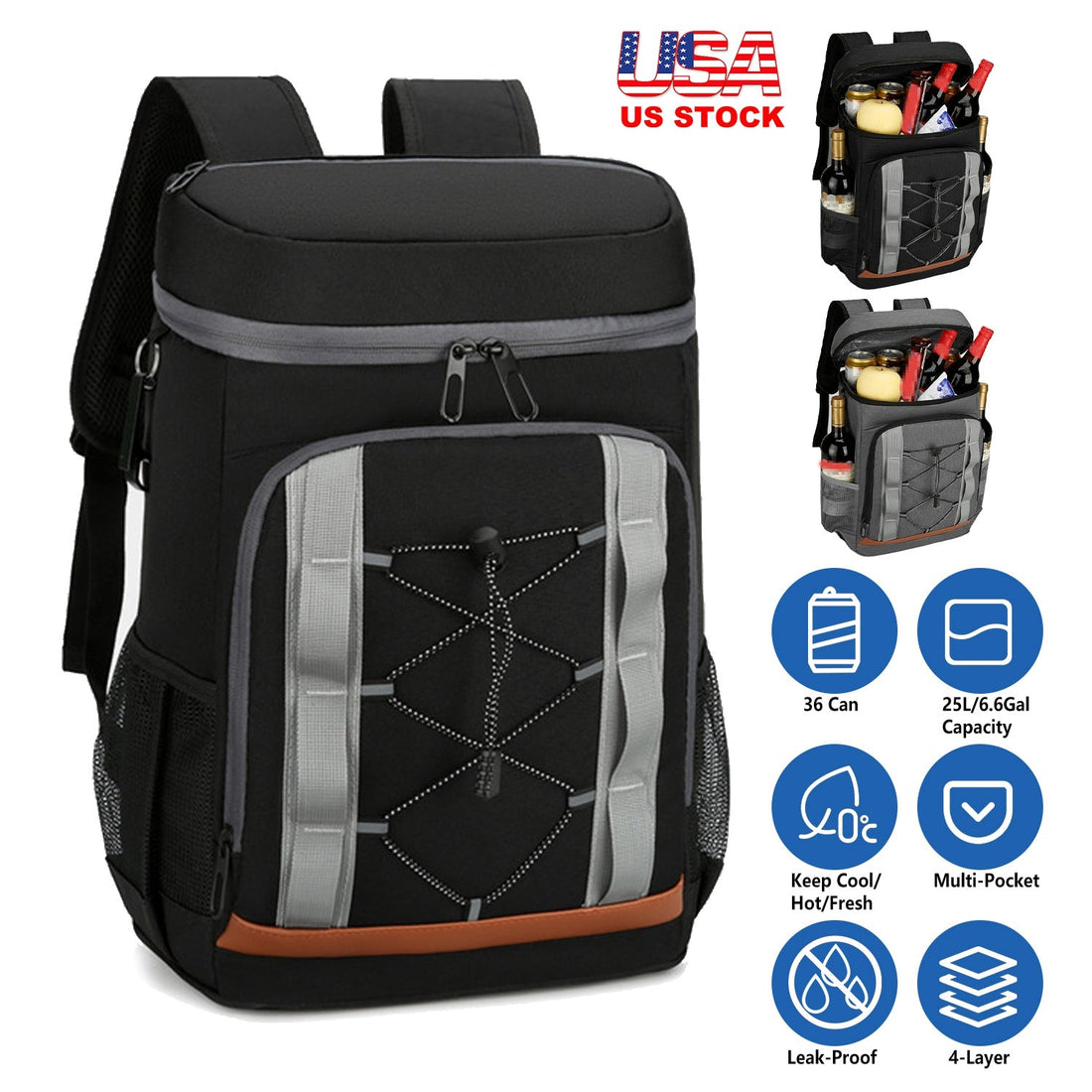 Leakproof Insulated Cooler Backpack 36 Can 25L Picnic Camping Bag