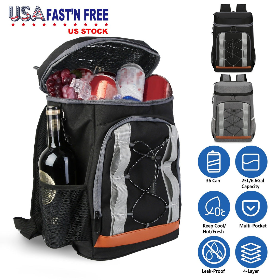 Leakproof Insulated Cooler Backpack 36 Can 25L Picnic Camping Bag