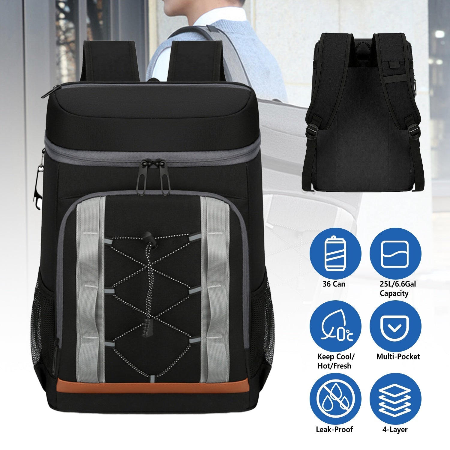 Leakproof Insulated Cooler Backpack 36 Can 25L Picnic Camping Bag