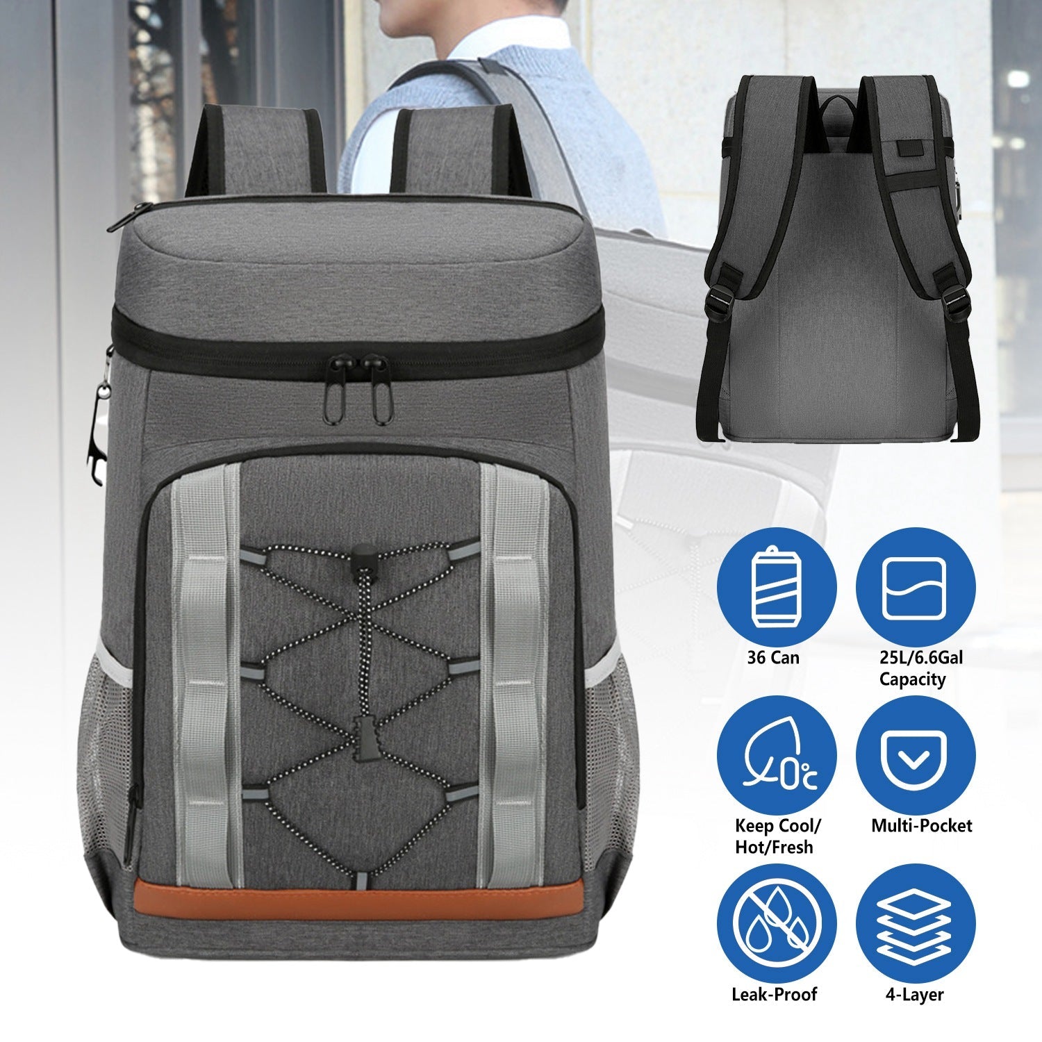 Leakproof Insulated Cooler Backpack 36 Can 25L Picnic Camping Bag