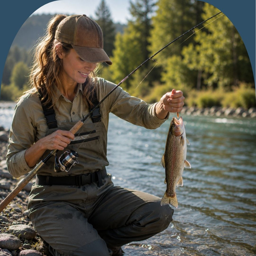 Woman holding a fish caught while fishing by a river with trees in the background