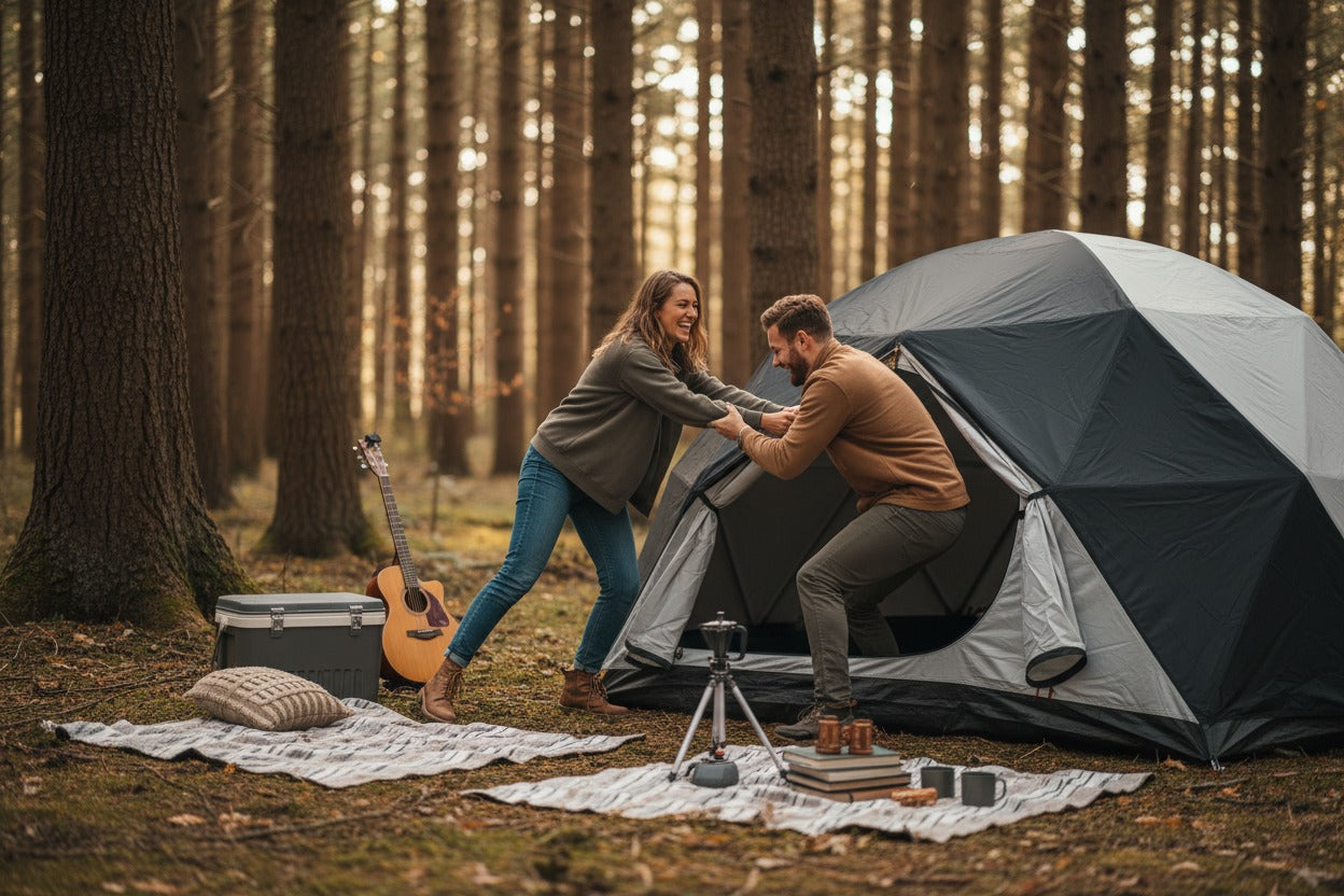 Two people setting up a tent in a forest with camping gear around.
