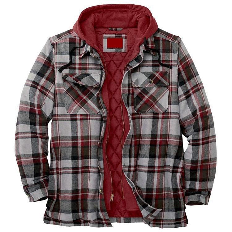 Men Autumn Winter Plaid Hooded Casual Shirt Jacket Long Sleeve