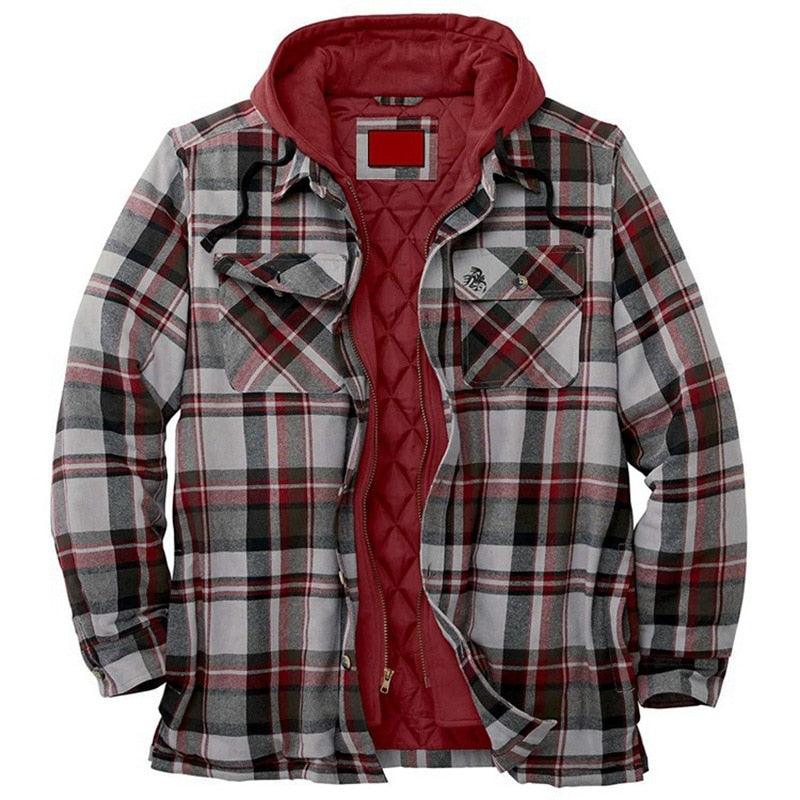 Men Autumn Winter Plaid Hooded Casual Shirt Jacket Long Sleeve
