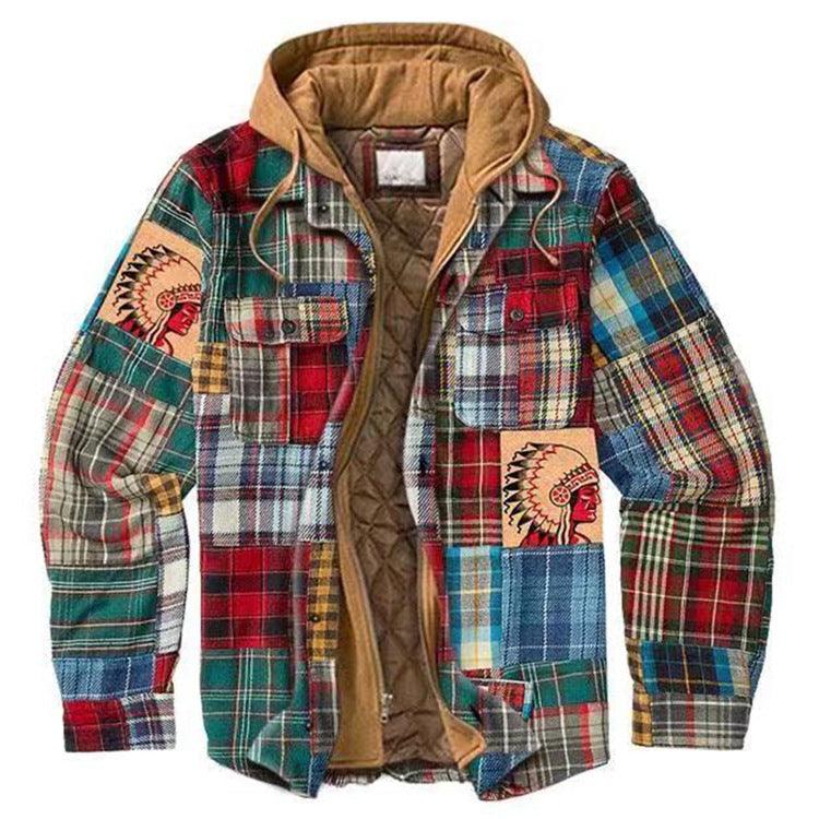 Men Autumn Winter Plaid Hooded Casual Shirt Jacket Long Sleeve