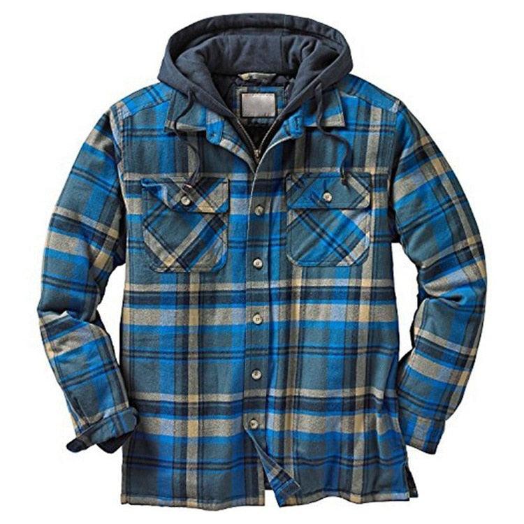 Men Autumn Winter Plaid Hooded Casual Shirt Jacket Long Sleeve