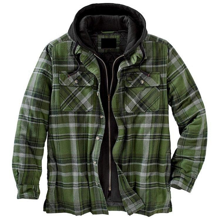 Men Autumn Winter Plaid Hooded Casual Shirt Jacket Long Sleeve