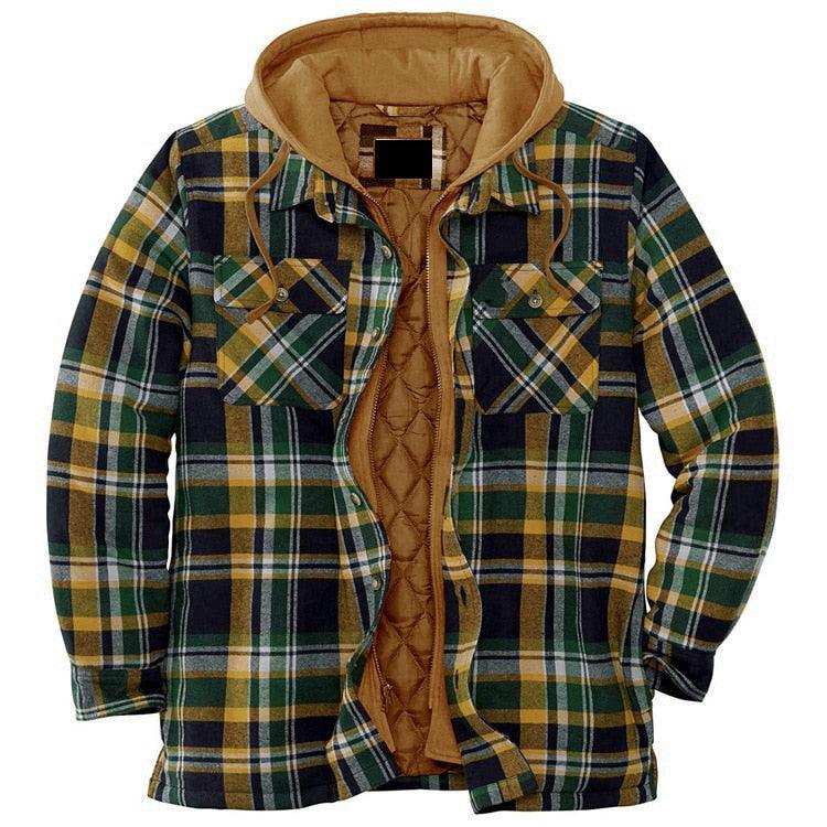 Men Autumn Winter Plaid Hooded Casual Shirt Jacket Long Sleeve
