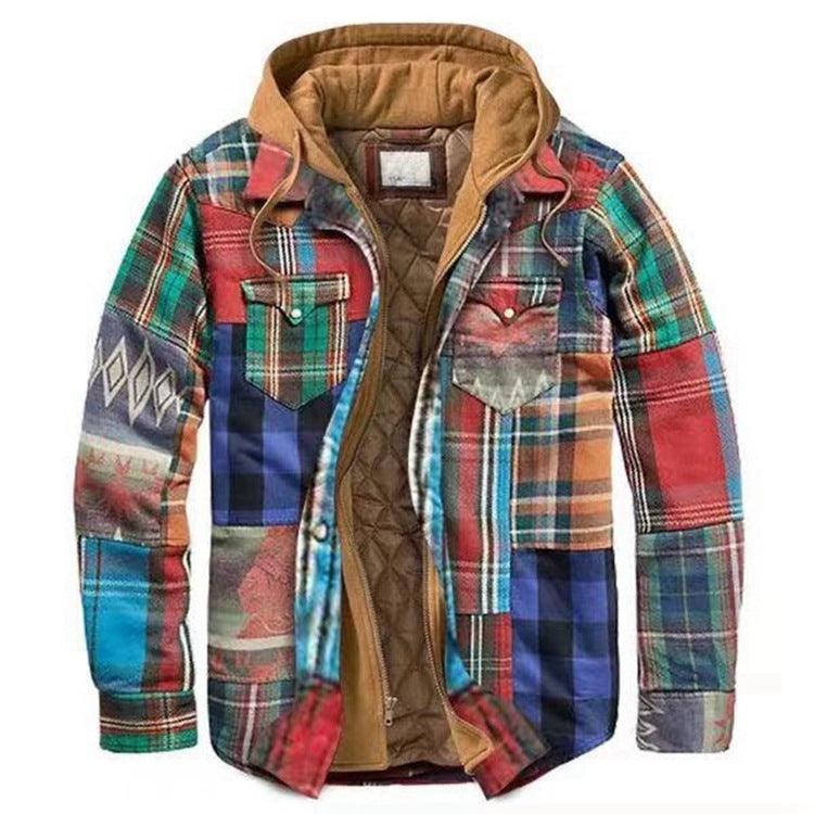 Men Autumn Winter Plaid Hooded Casual Shirt Jacket Long Sleeve