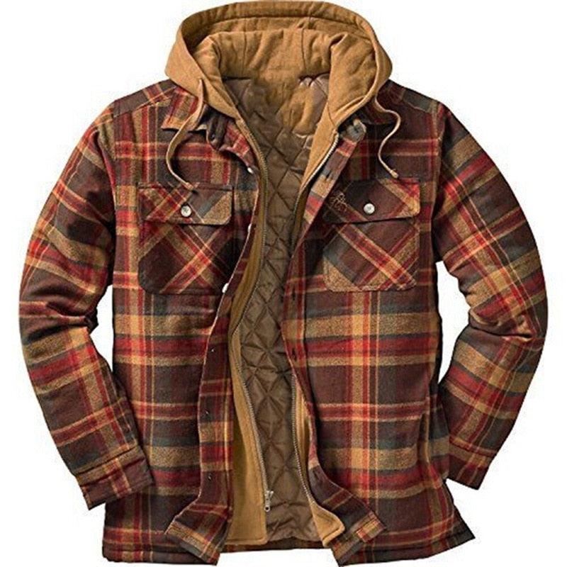 Men Autumn Winter Plaid Hooded Casual Shirt Jacket Long Sleeve