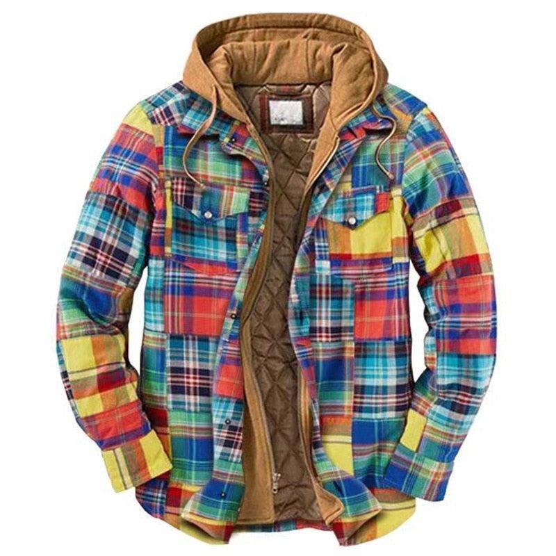 Men Autumn Winter Plaid Hooded Casual Shirt Jacket Long Sleeve
