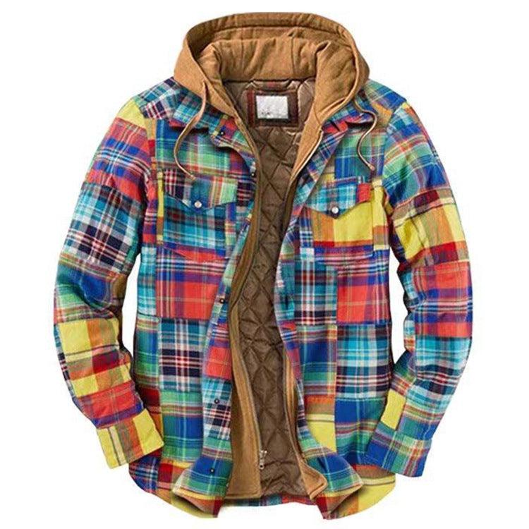 Men Autumn Winter Plaid Hooded Casual Shirt Jacket Long Sleeve