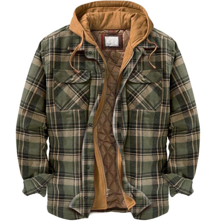 Men Autumn Winter Plaid Hooded Casual Shirt Jacket Long Sleeve