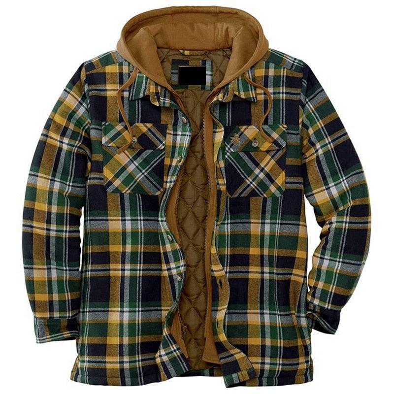 Men Autumn Winter Plaid Hooded Casual Shirt Jacket Long Sleeve
