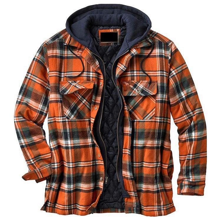 Men Autumn Winter Plaid Hooded Casual Shirt Jacket Long Sleeve
