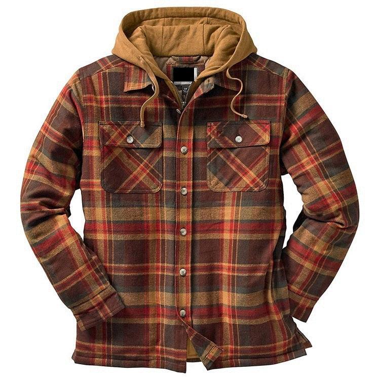 Men Autumn Winter Plaid Hooded Casual Shirt Jacket Long Sleeve