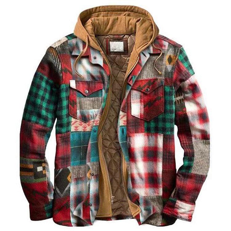 Men Autumn Winter Plaid Hooded Casual Shirt Jacket Long Sleeve