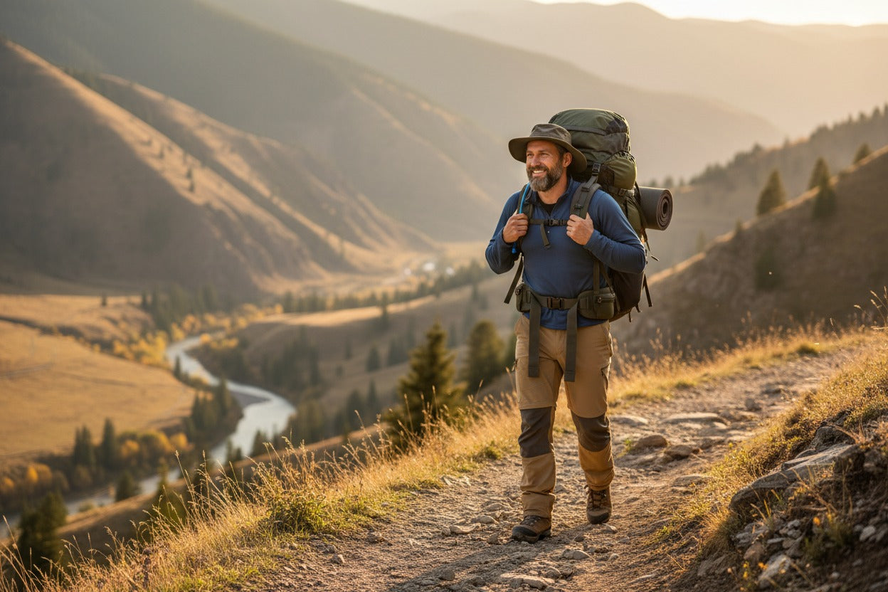 Man with a backpack standing on a mountain trail with a scenic view of a river and mountains.
