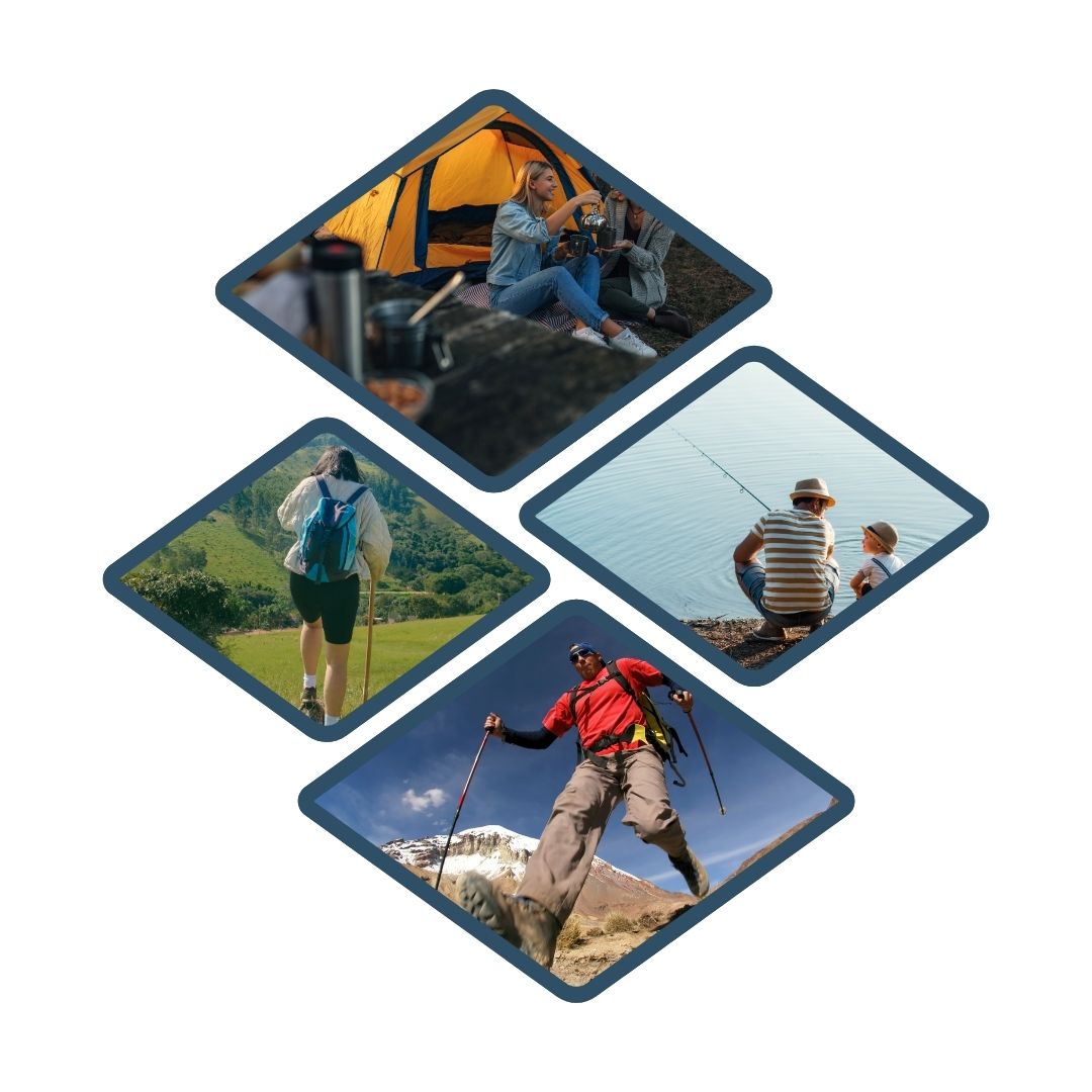 Collage of four outdoor activities including camping, hiking, and fishing.