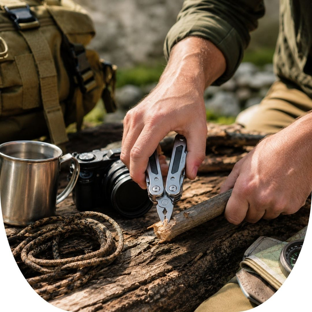 Person using a multi-tool outdoors with camping gear in the background