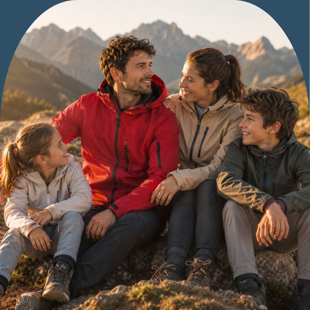 Family of four sitting on a rock with mountains in the background