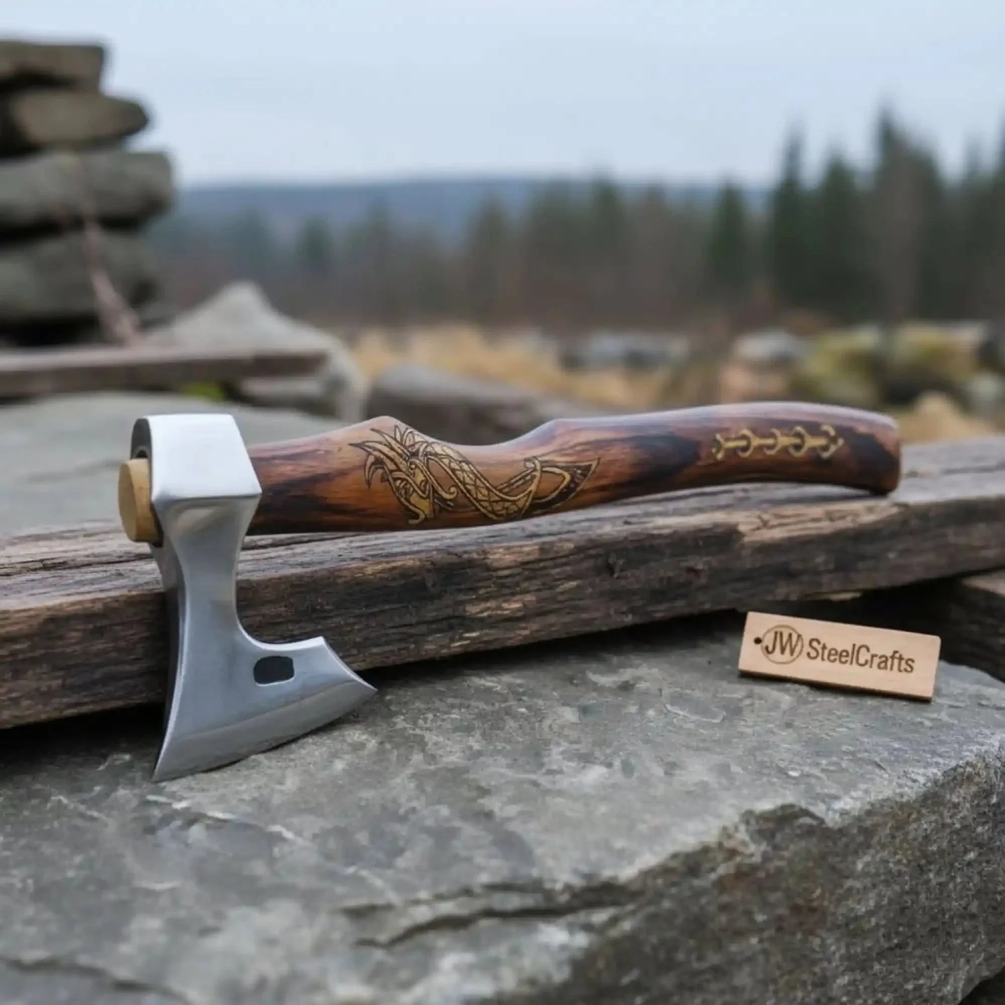 Hand Forged Damascus Viking Axe 18 Inch Bushcraft Hatchet Hardwood
