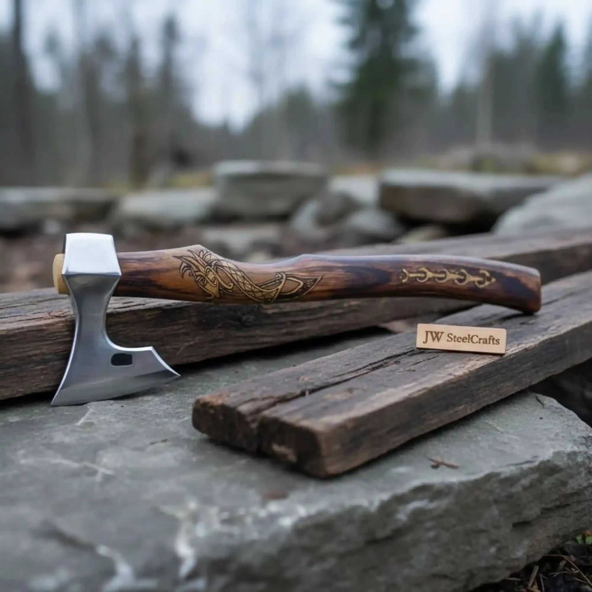 Hand Forged Damascus Viking Axe 18 Inch Bushcraft Hatchet Hardwood